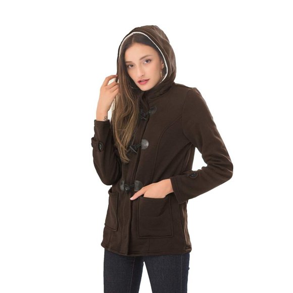 Pea Coat Jacket Brown Hood Toggles& Zipper Pockets - Picture 1 of 16